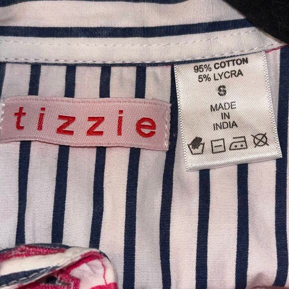 Tizzie Women’s Button Down Shirt Pink White Geometric Print Stretch Size Small - Picture 5 of 6